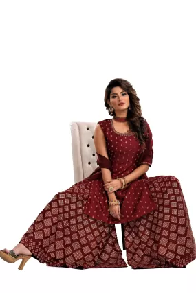 50Y053-RO Maroon Embroidered Tussar Silk Palazzo Suit with Silk Dupatta