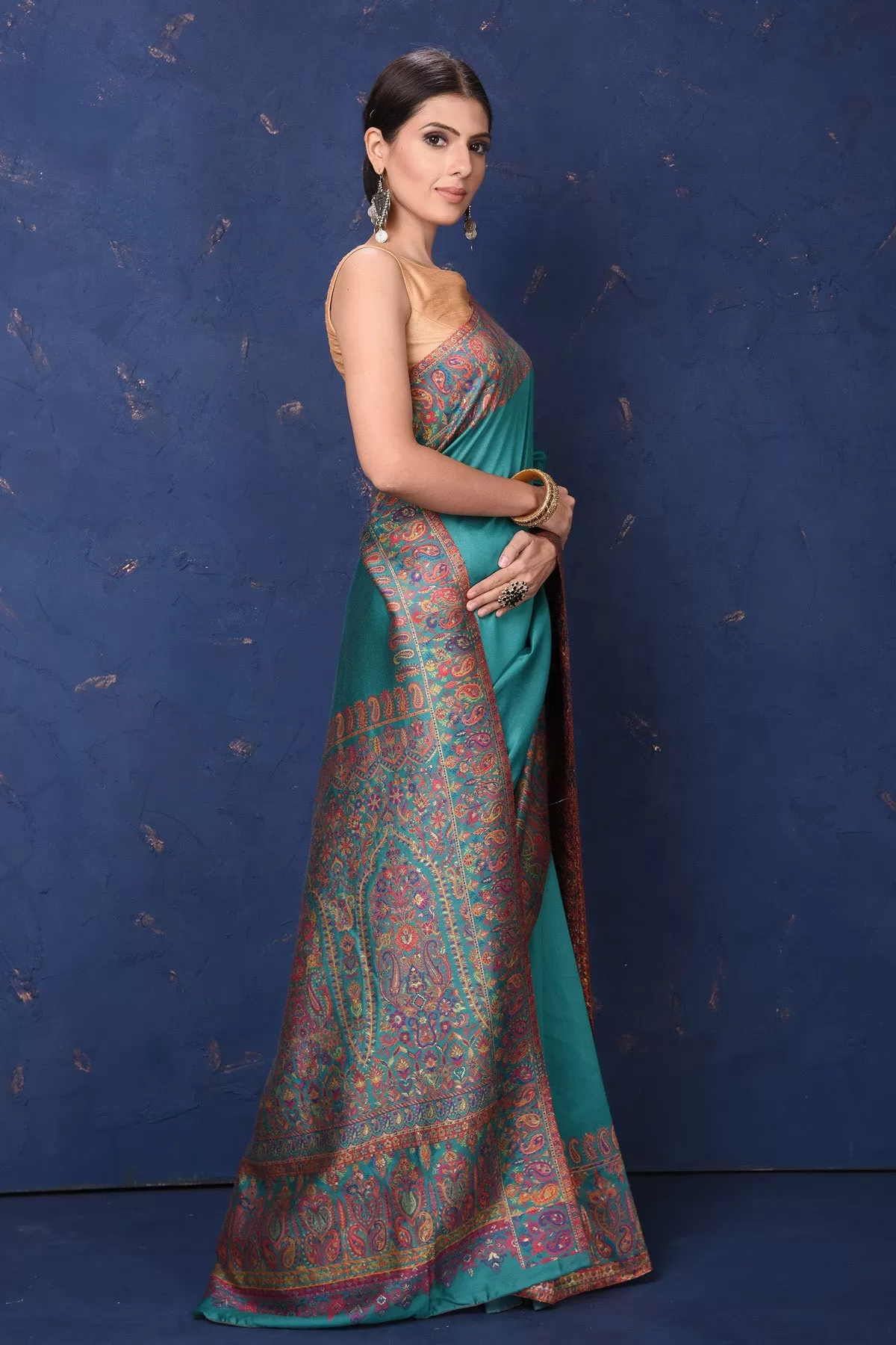 90L943-RO Blue Tussar Muga Silk Sari with Kani Border