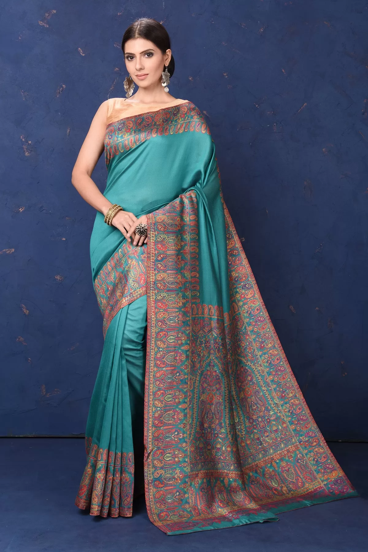 90L943-RO Blue Tussar Muga Silk Sari with Kani Border