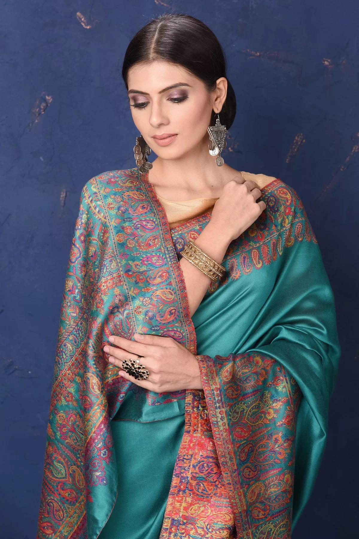 90L943-RO Blue Tussar Muga Silk Sari with Kani Border