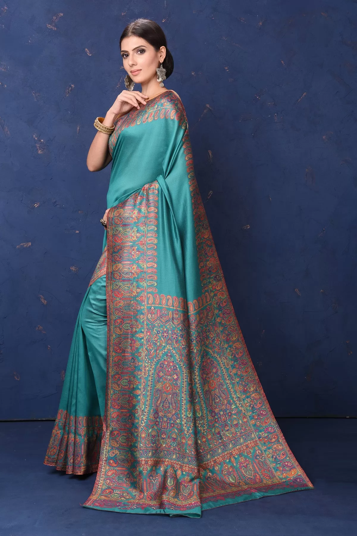 90L943-RO Blue Tussar Muga Silk Sari with Kani Border