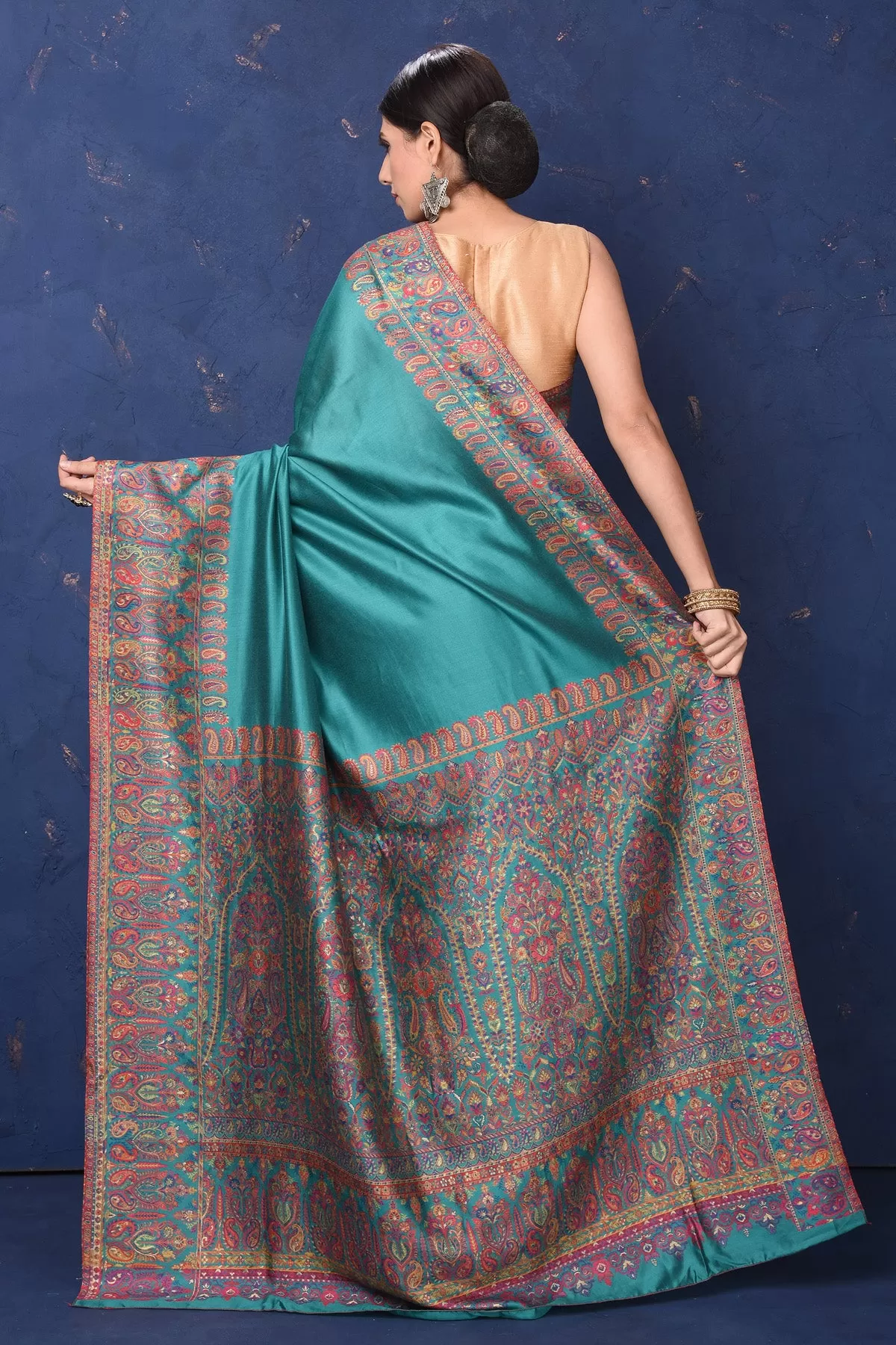 90L943-RO Blue Tussar Muga Silk Sari with Kani Border