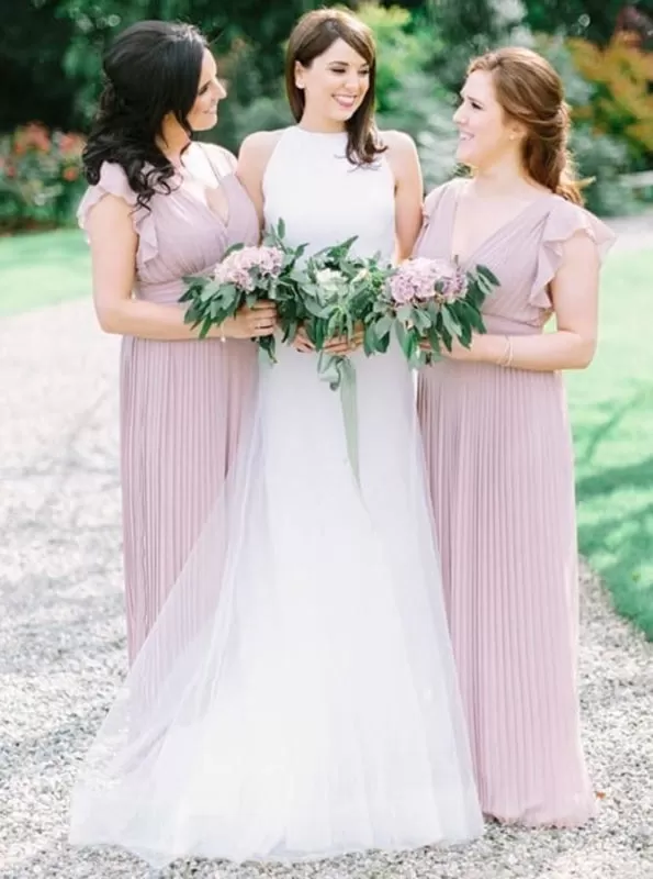 A-Line V-Neck Pleated Lilac Chiffon Long Bridesmaid Dress