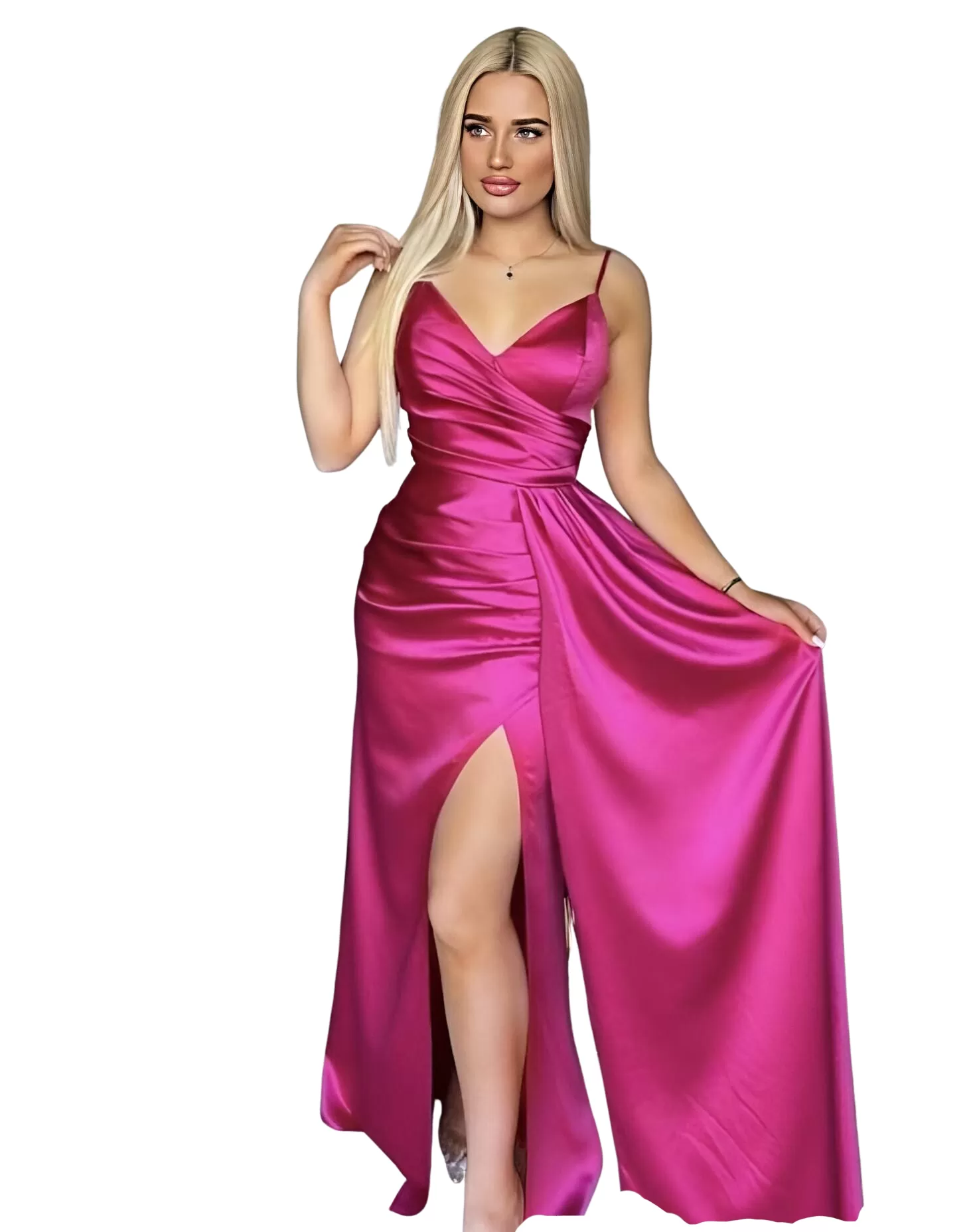 Abito Donna Lungo Scollo Cuore Bretelle Spacco Strascico Elegante Cerimonia