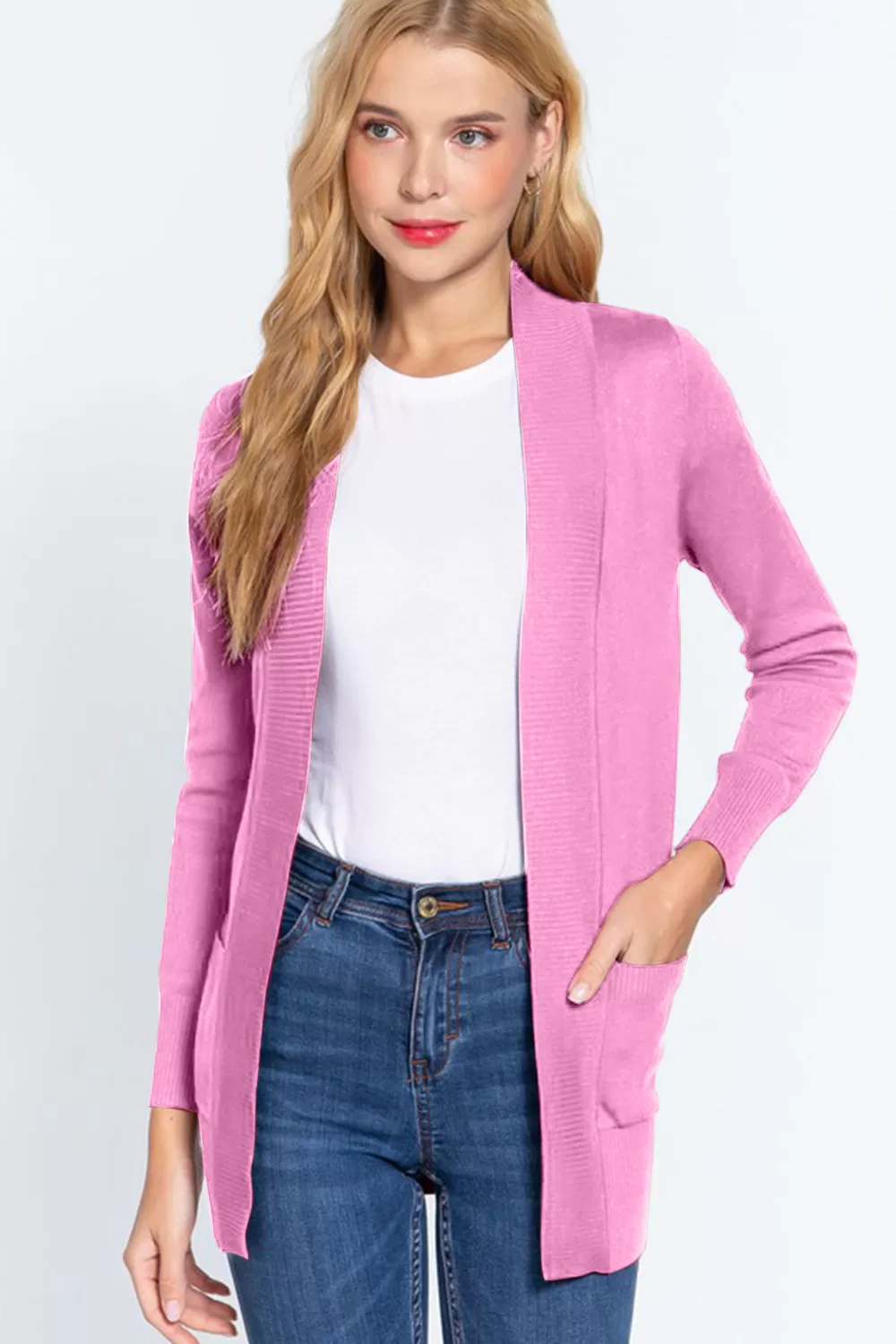 ACTIVE BASIC Ribbed Trim Open Front Cardigan