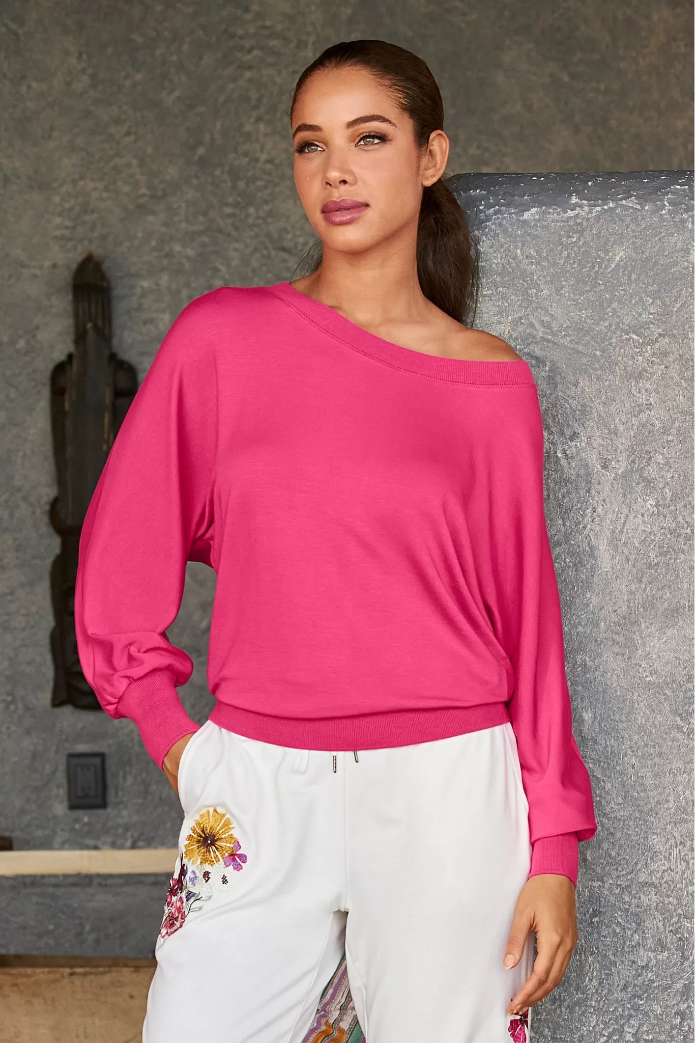 Banded Slouchy Lounge Top Magenta