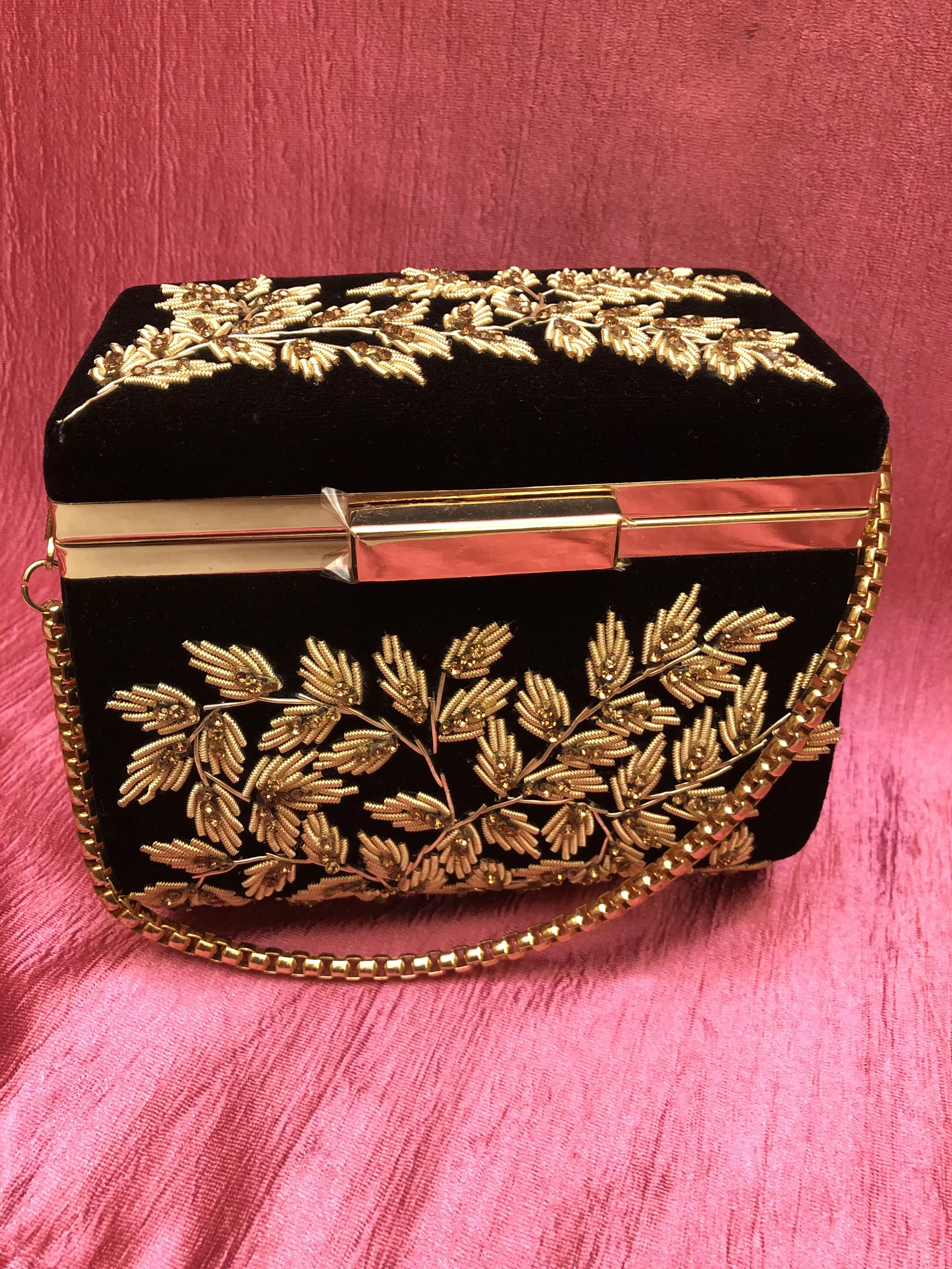 Black Color Velvet Box Clutch Bag with Hand Zardosi Work