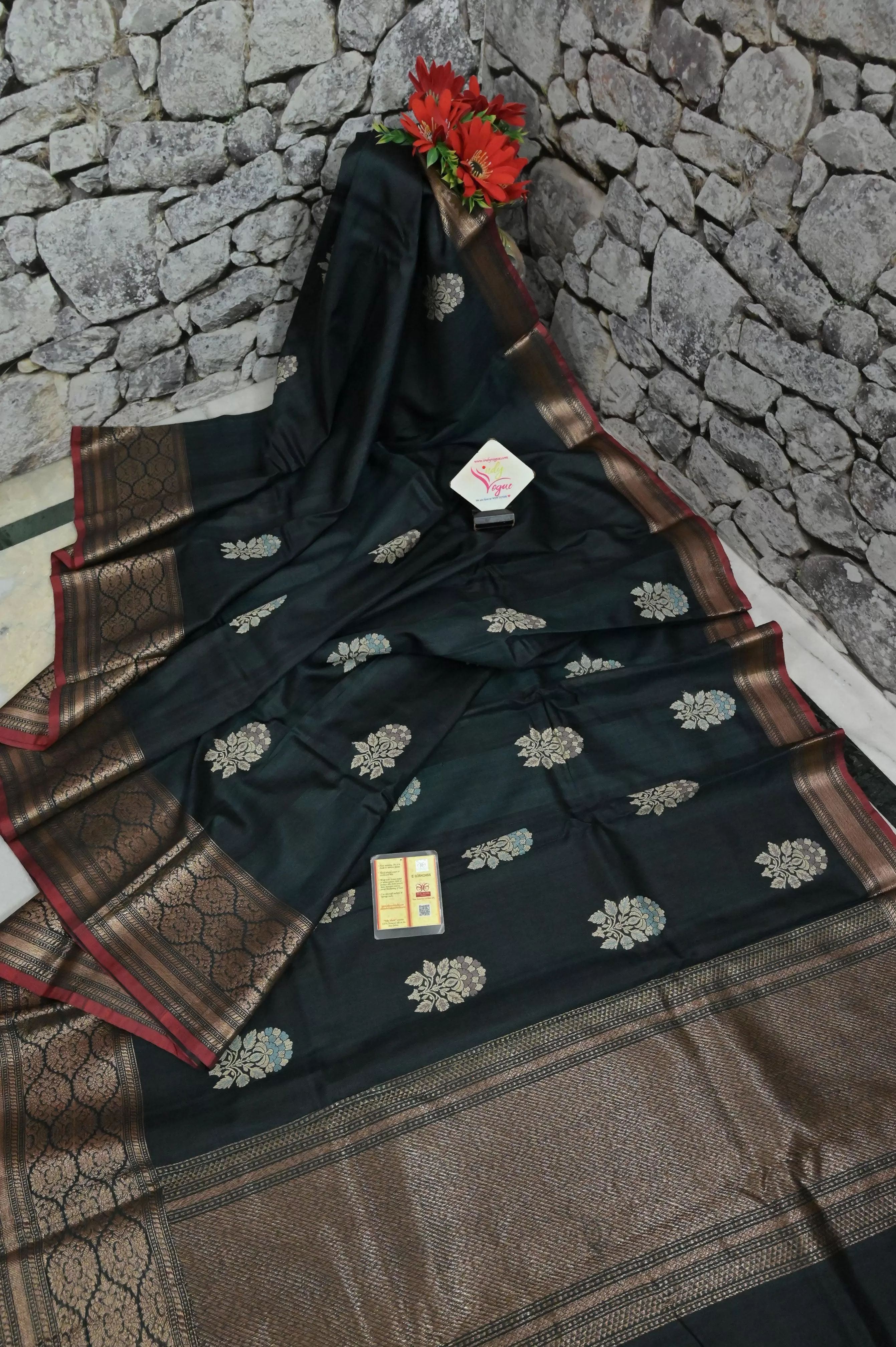 Blackish Green Color Pure Tussar Banarasi Meenakari Butta and Antique Zari Work