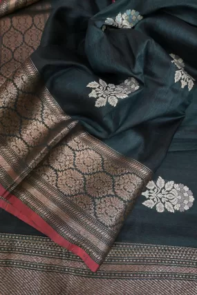 Blackish Green Color Pure Tussar Banarasi Meenakari Butta and Antique Zari Work