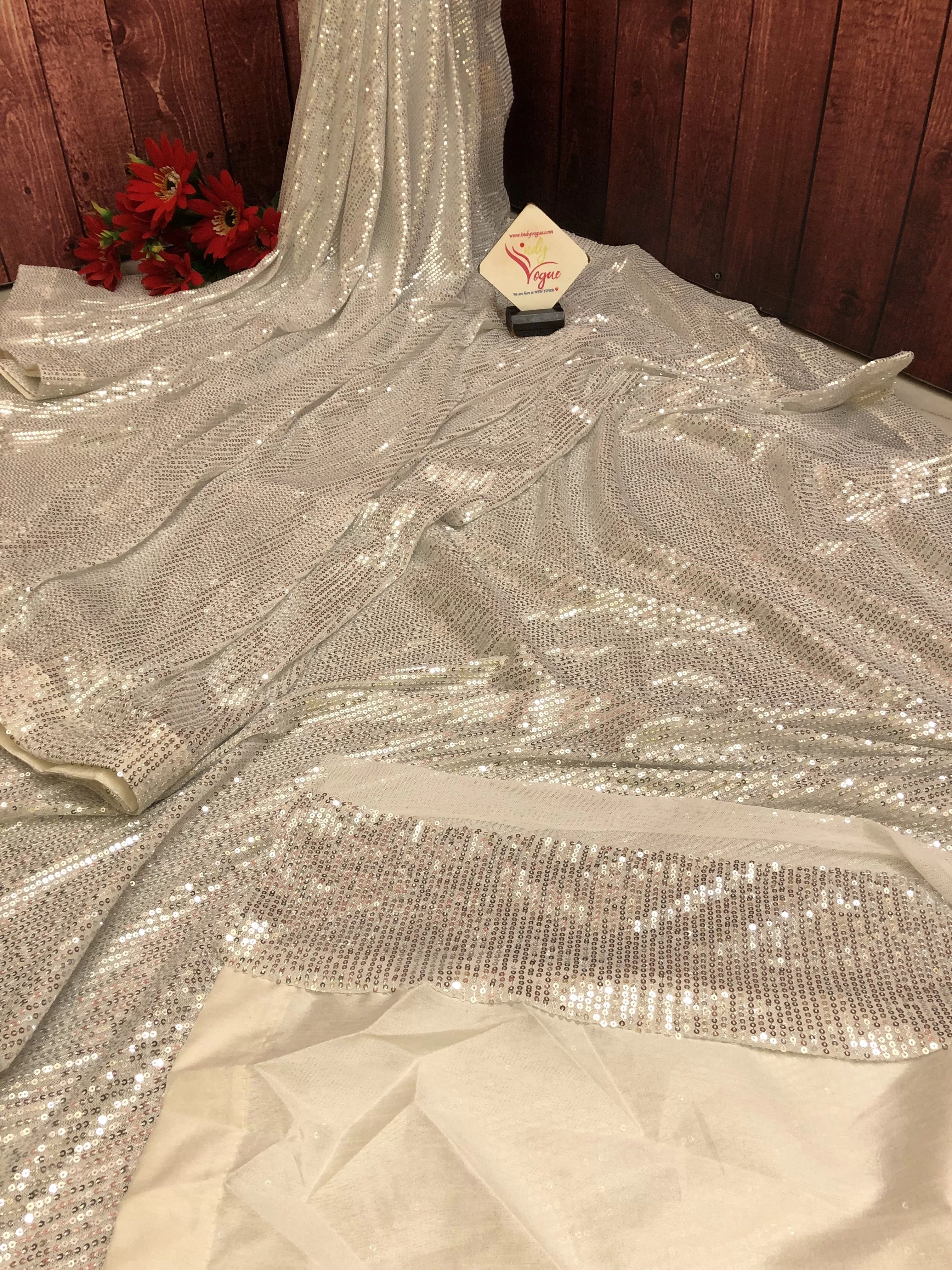 Bone White Color Designer Net Saree with Sequin Weaving Work