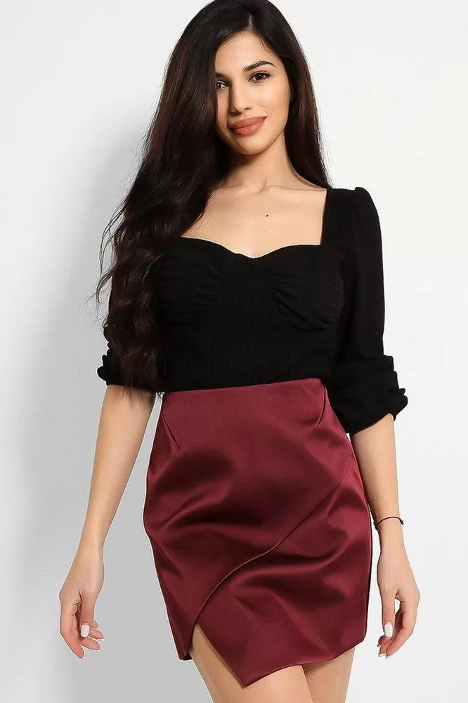 Burgundy Satin Asymmetric Hem Skirt