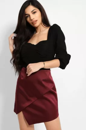 Burgundy Satin Asymmetric Hem Skirt