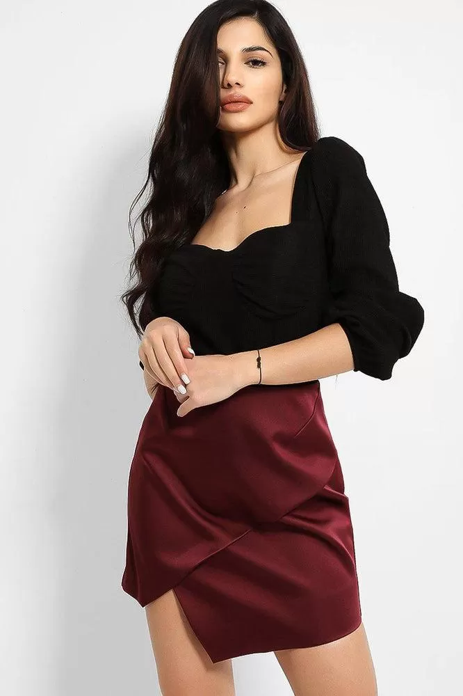 Burgundy Satin Asymmetric Hem Skirt