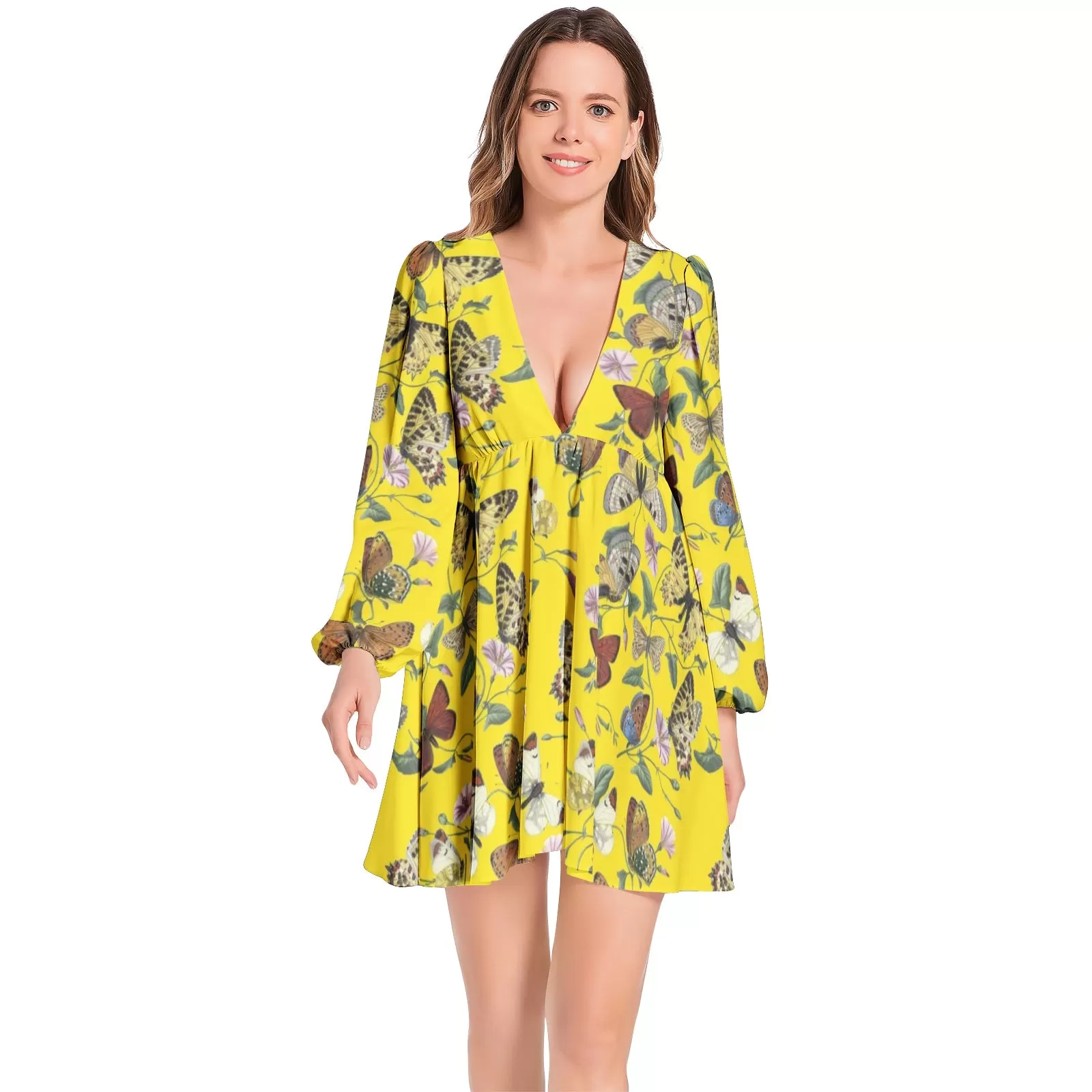 Butterfly Kaleidoscope Lantern Sleeve Deep V-Neck Short Dress