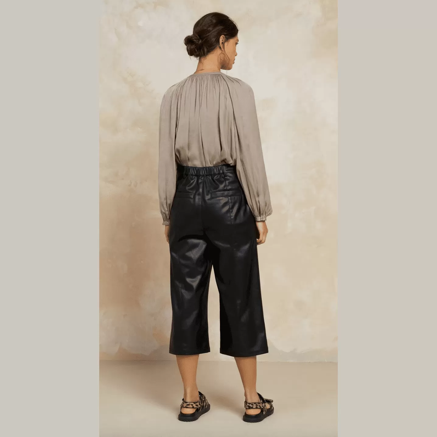 Current Air Vegan Leather Quilted Wide Leg  Cropped Pants in Black