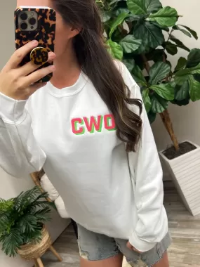 Custom Neon Shadow Block Embroidered Monogram Sweatshirt - White (Ships in 2-3 Weeks)