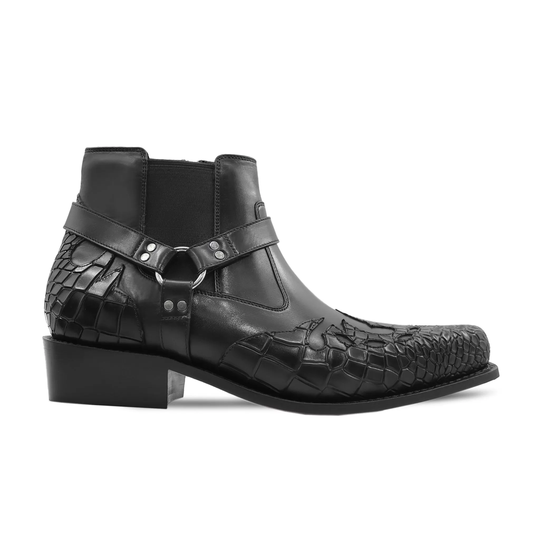 Eeklo GY - Men's Black Calf And Crocodile Printed Leather Jodhpur Boot