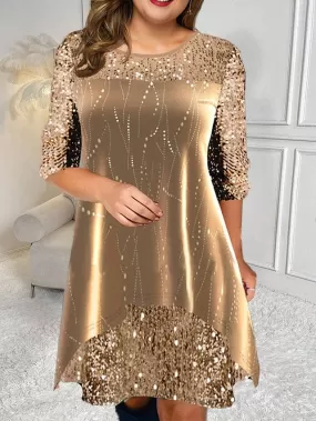 Elegant Plus Size Velvet Sequin Party Dress with Geometric Print and Gold Accents