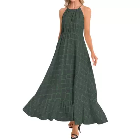 Emerald Maze Ruffle Hem Halter Neck Maxi Dress