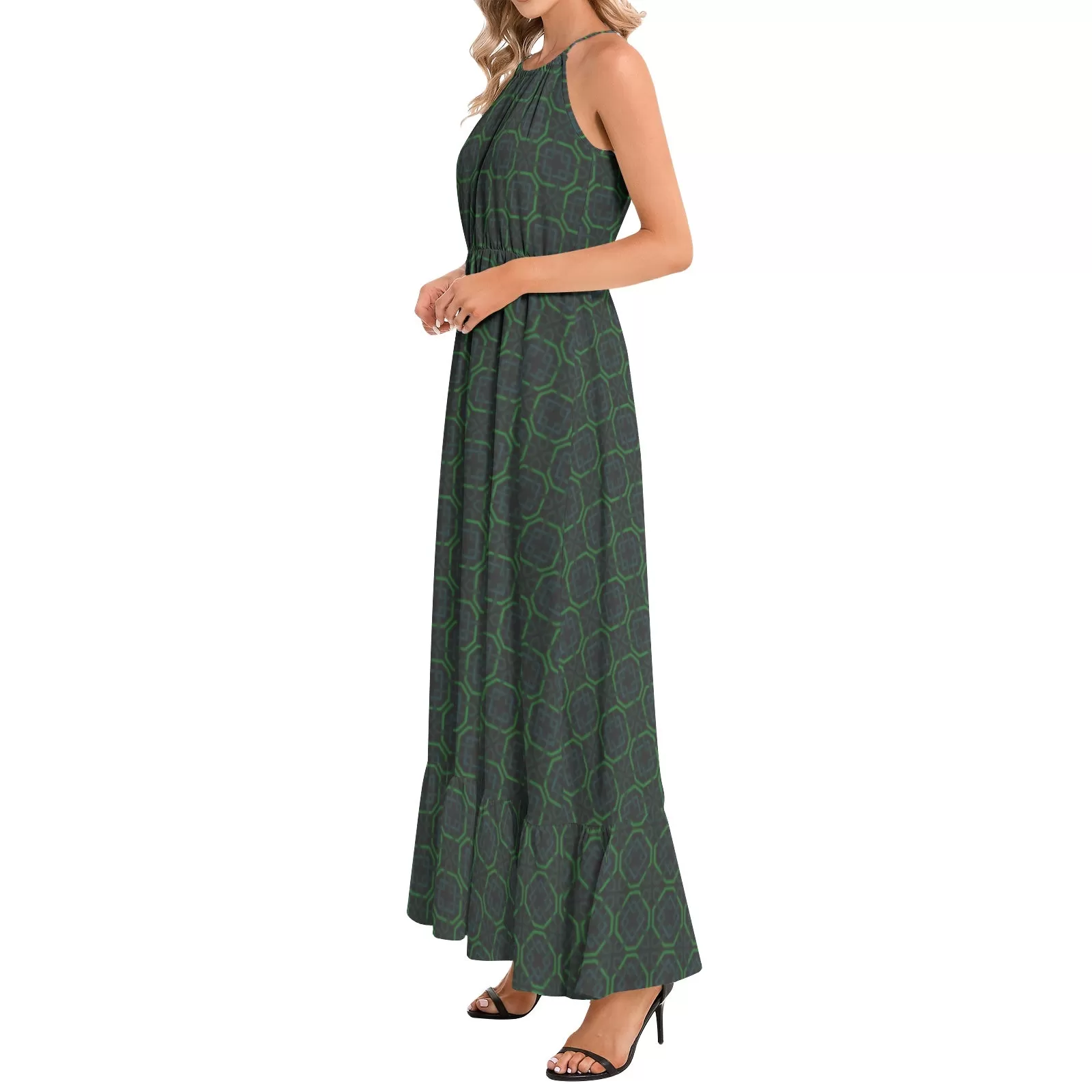 Emerald Maze Ruffle Hem Halter Neck Maxi Dress