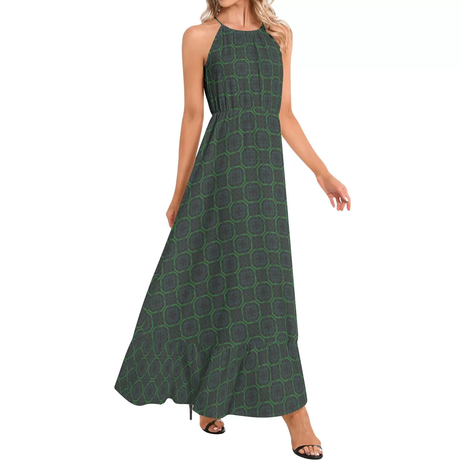 Emerald Maze Ruffle Hem Halter Neck Maxi Dress