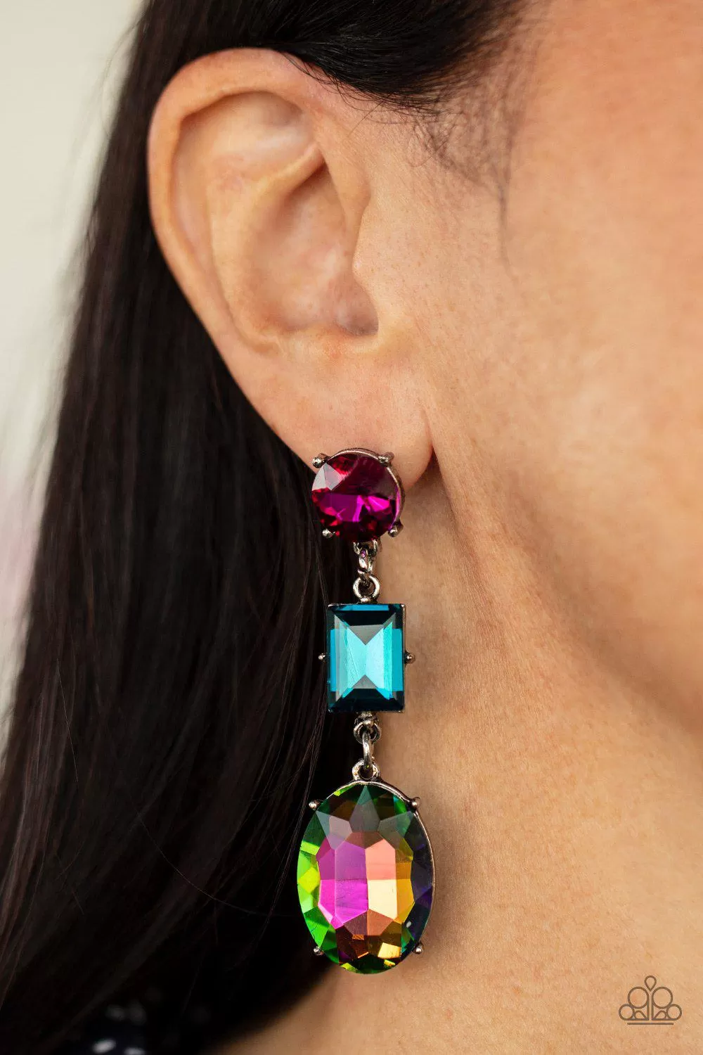 Extra Envious Multi Pink, Blue and Oil Spill Rhinestone Earrings - Paparazzi Accessories