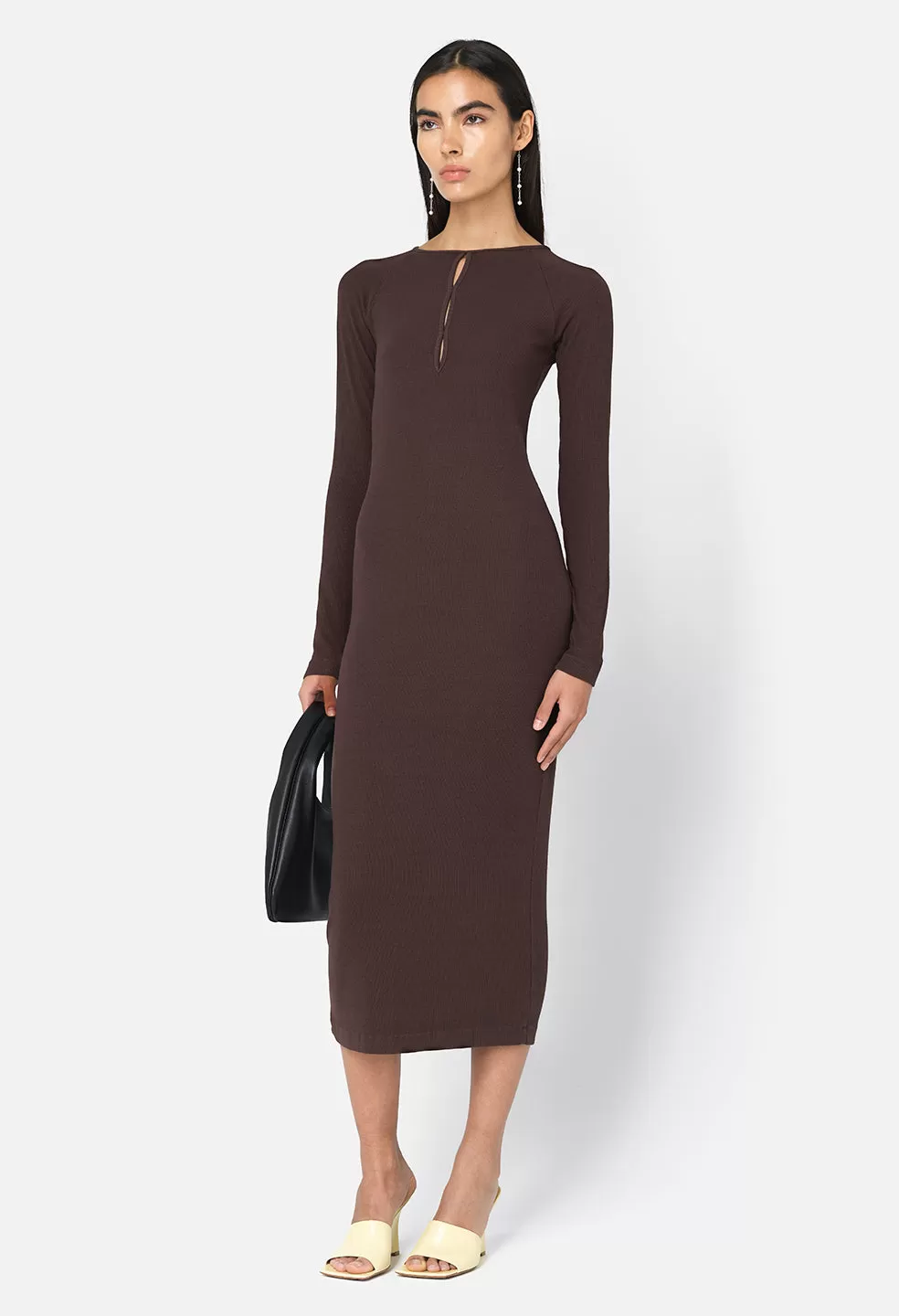 Gemini Rib Ls Keyhole Midi Dress / Chocolate Brown