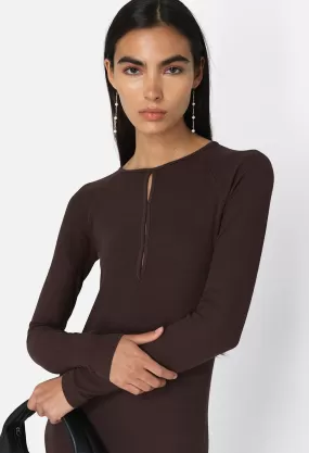 Gemini Rib Ls Keyhole Midi Dress / Chocolate Brown