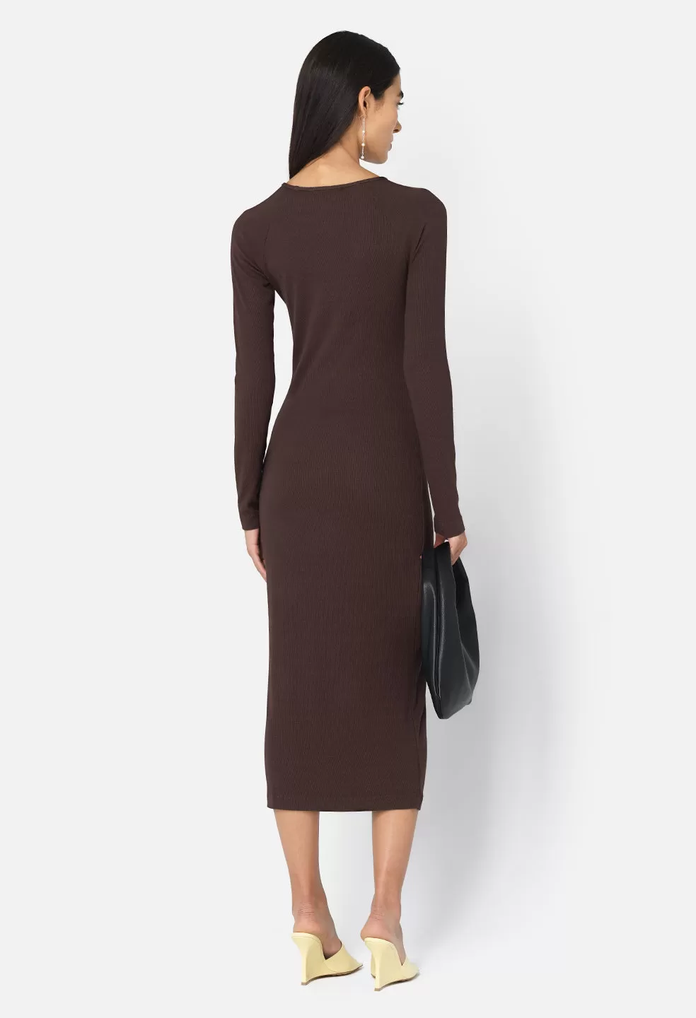 Gemini Rib Ls Keyhole Midi Dress / Chocolate Brown