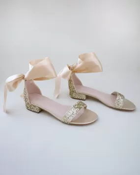 Gold Rock Glitter Low Block Heel Evening Sandals with Wrapped Satin Tie