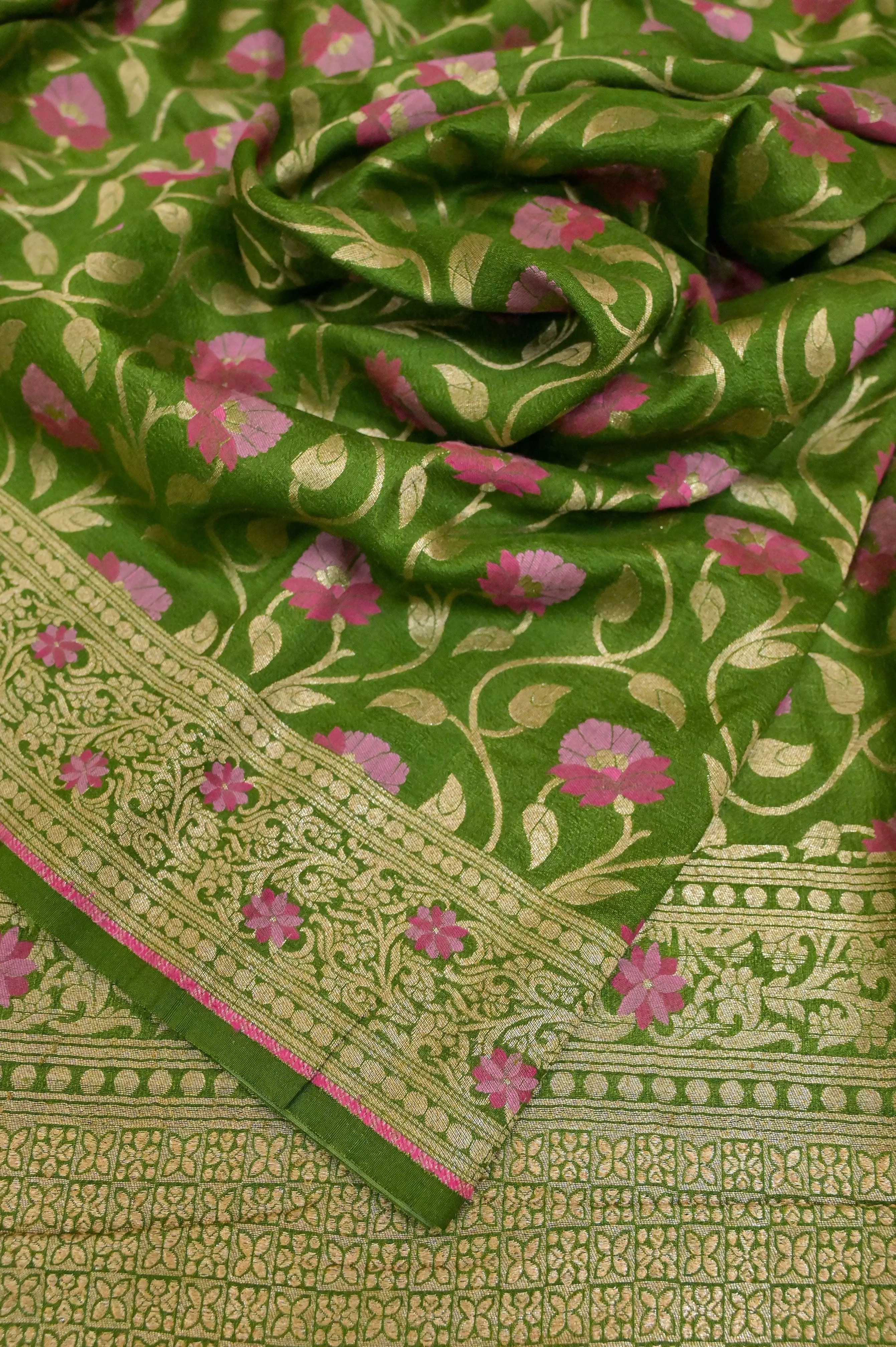 Green Color Pure Tussar Georgette Banarasi Saree with Allover Jaal & Meenakari Work