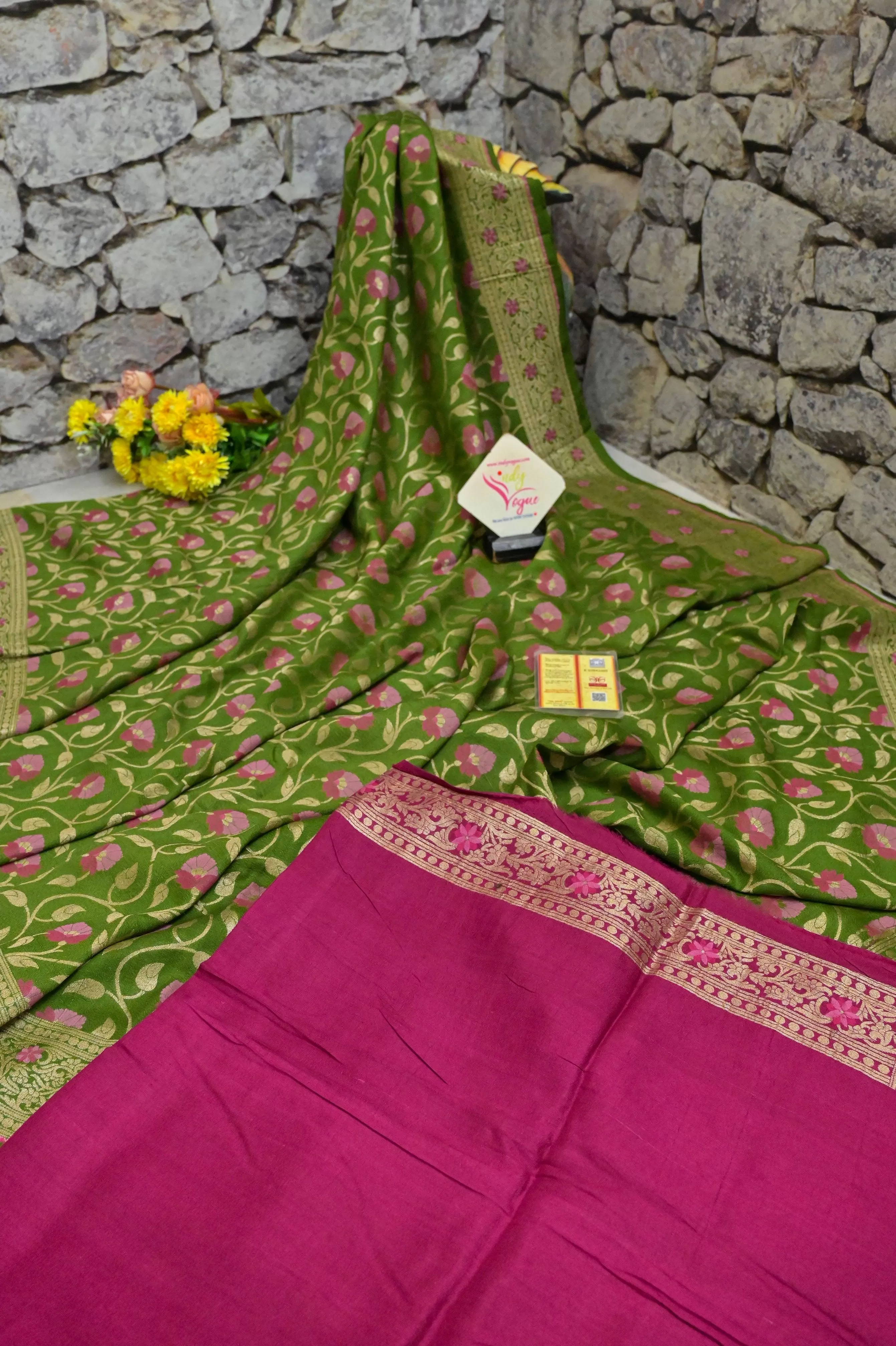 Green Color Pure Tussar Georgette Banarasi Saree with Allover Jaal & Meenakari Work