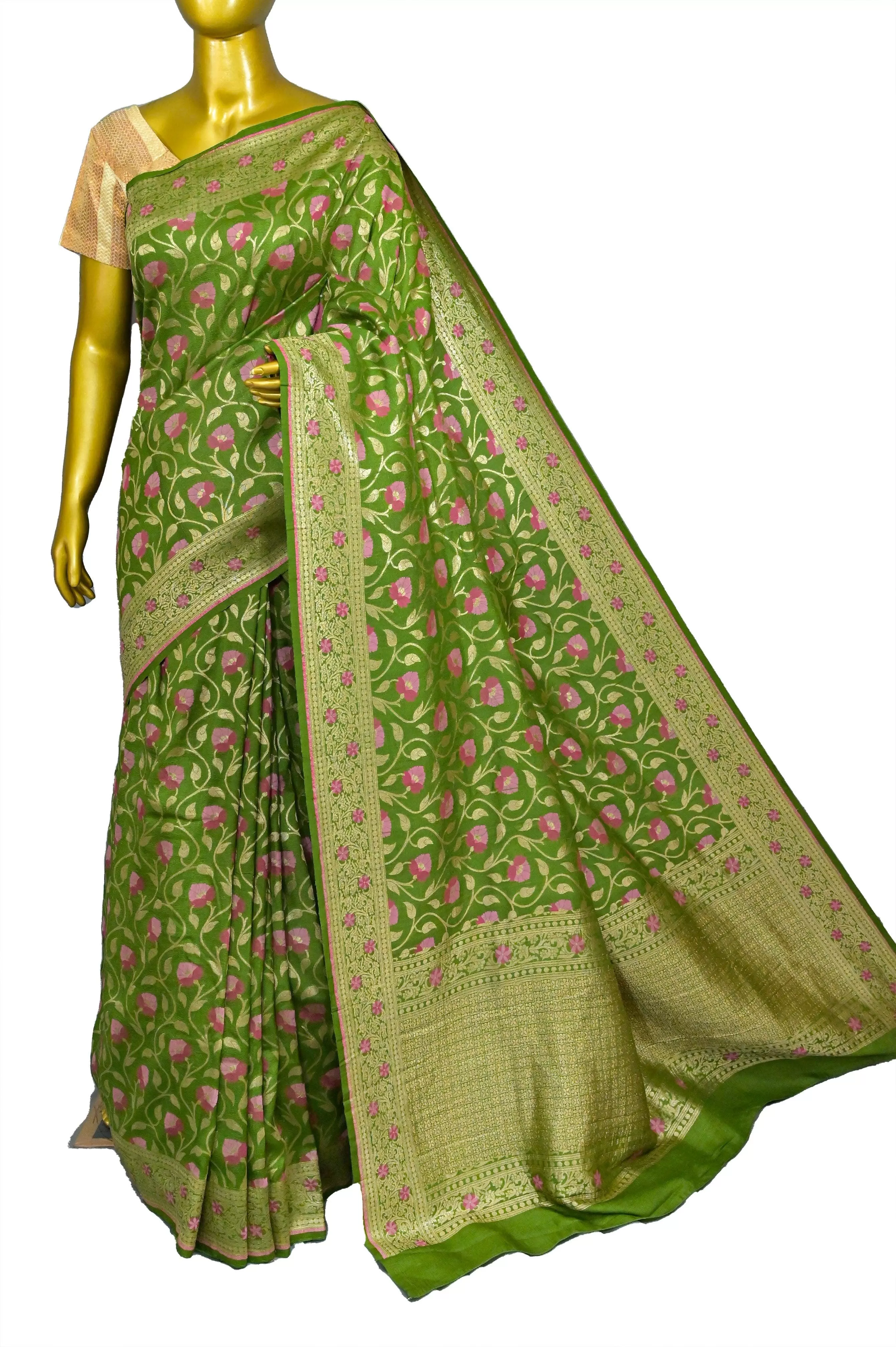 Green Color Pure Tussar Georgette Banarasi Saree with Allover Jaal & Meenakari Work