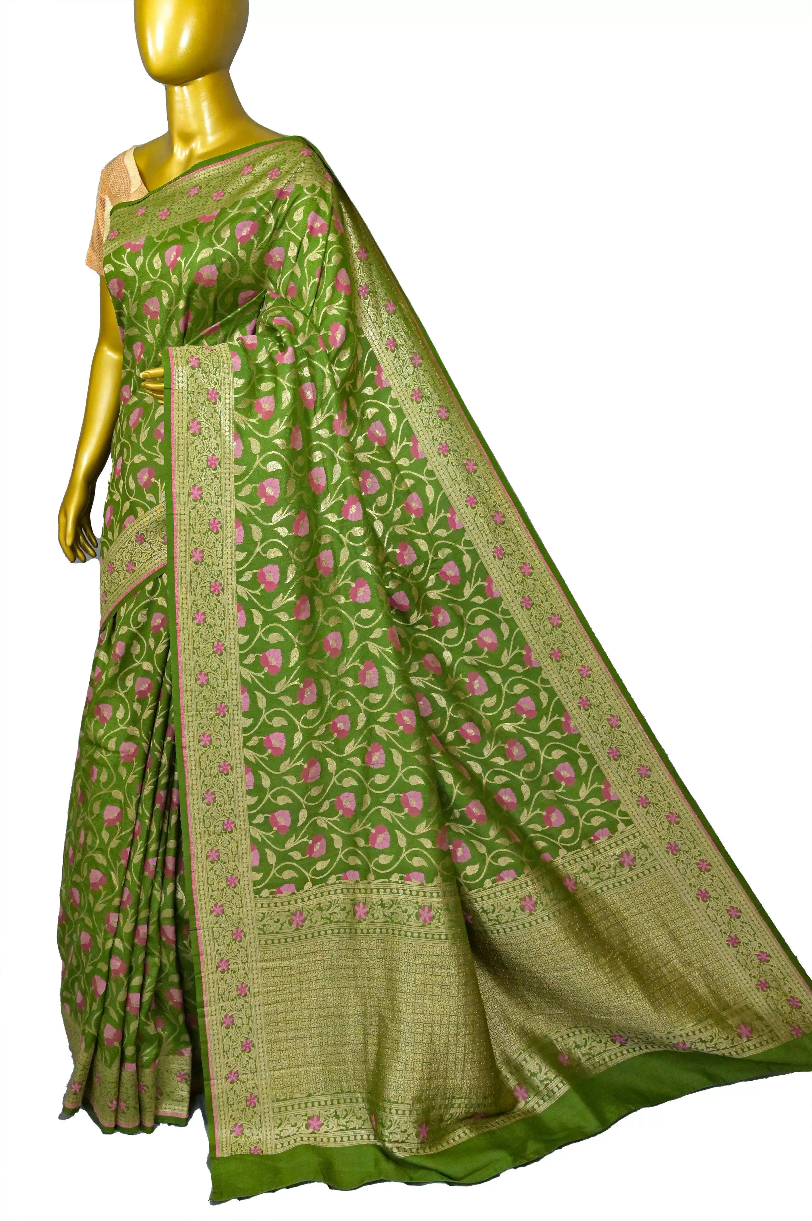 Green Color Pure Tussar Georgette Banarasi Saree with Allover Jaal & Meenakari Work