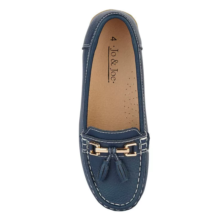 Ladies Leather Slip on Dark Blue Shoes Nautical Flat Jo & Joe