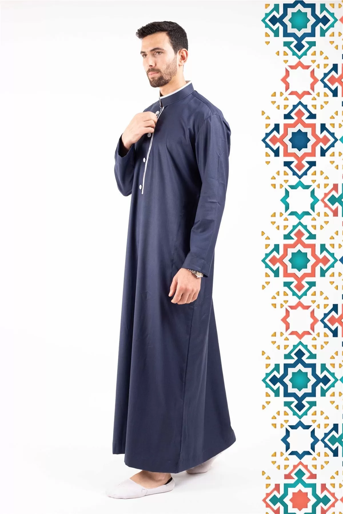 Men's Thobe Jubba Islamic Clothing Muslim Kaftan Emirati Omani Stand Collar