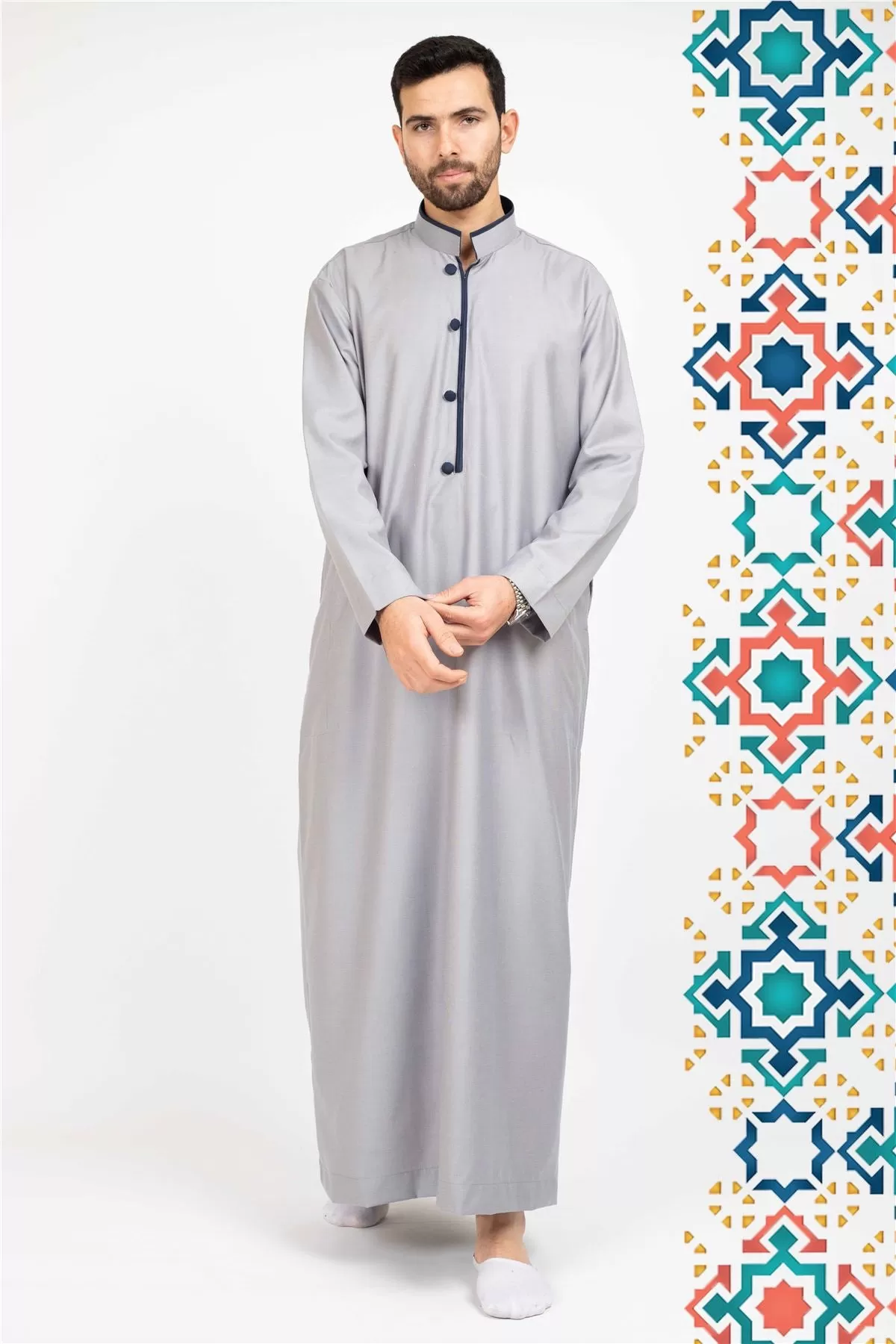 Men's Thobe Jubba Islamic Clothing Muslim Kaftan Emirati Omani Stand Collar