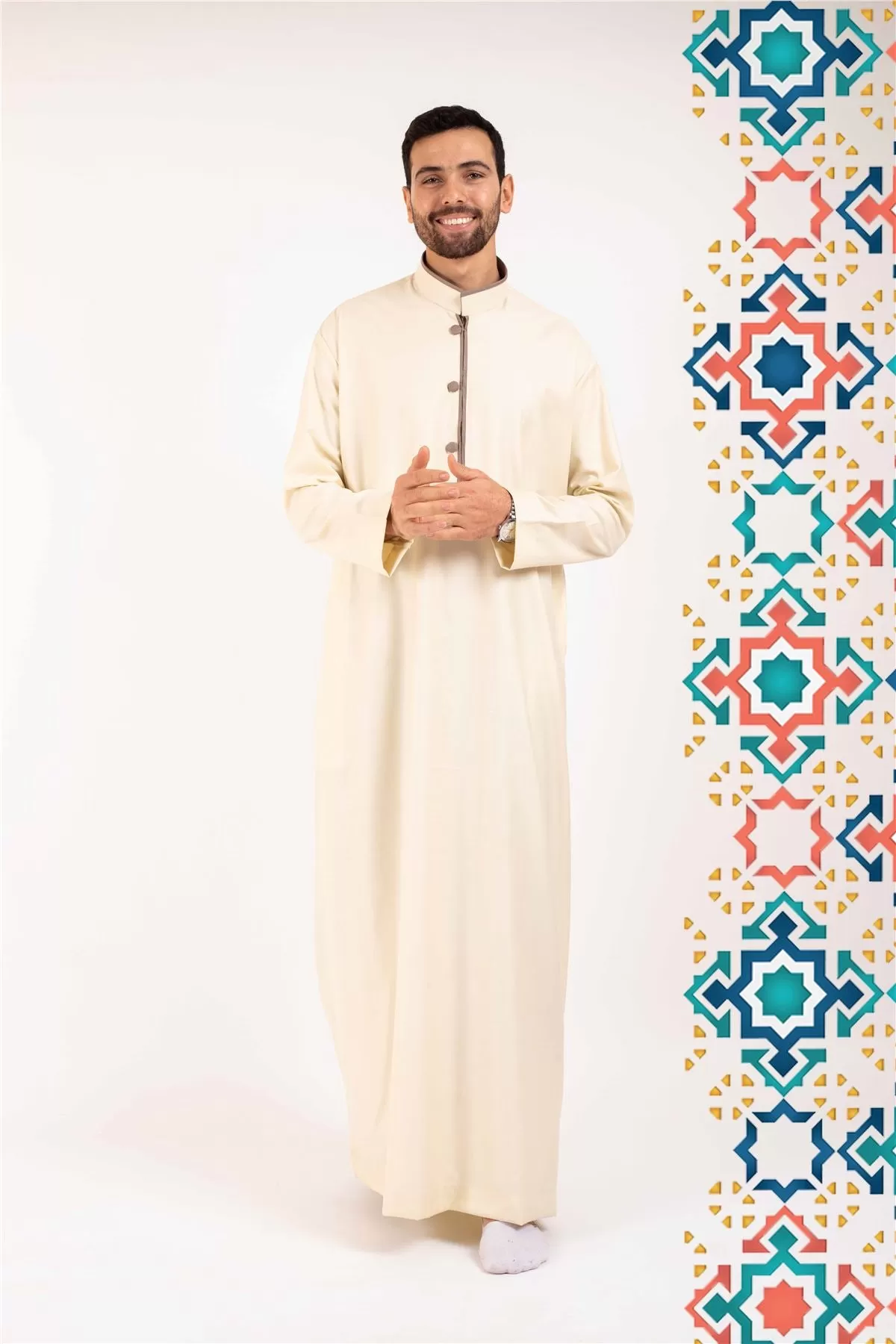 Men's Thobe Jubba Islamic Clothing Muslim Kaftan Emirati Omani Stand Collar