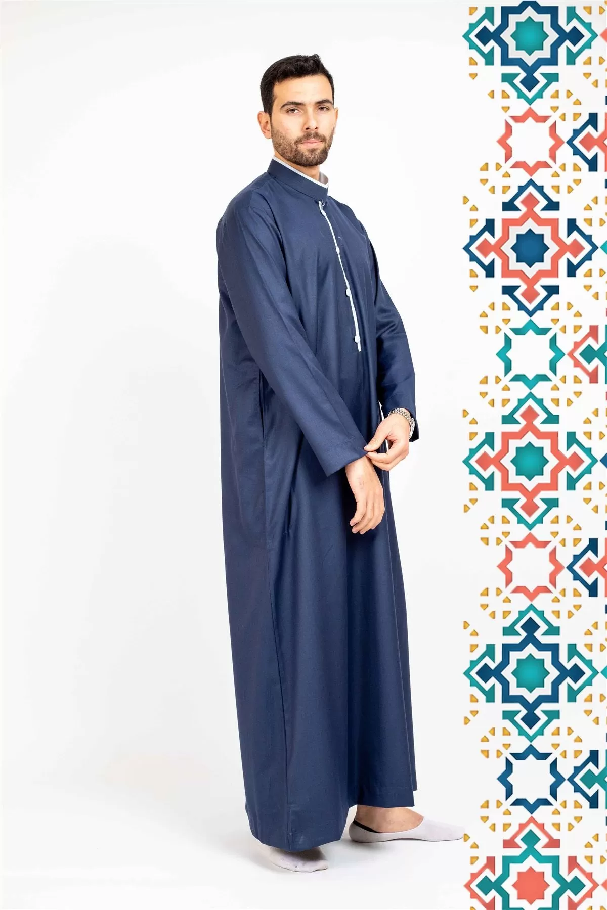 Men's Thobe Jubba Islamic Clothing Muslim Kaftan Emirati Omani Stand Collar