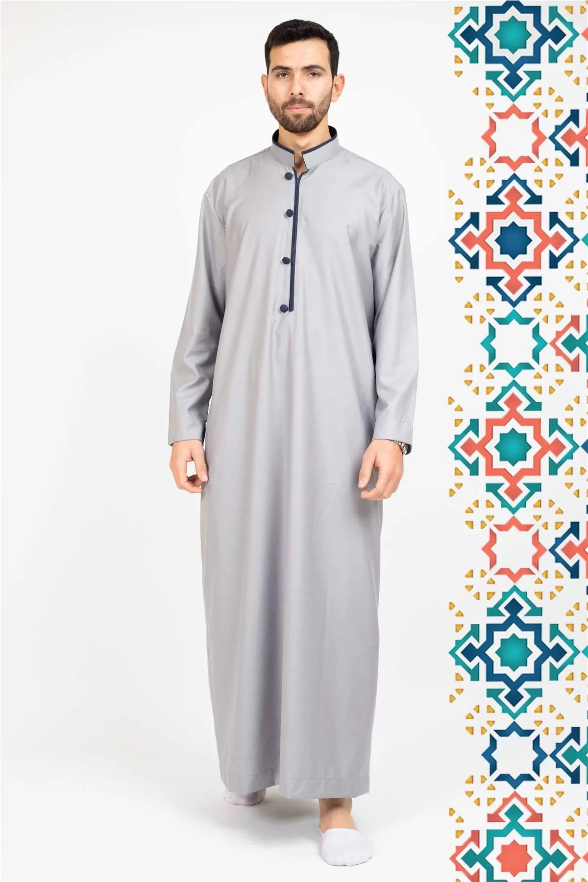 Men's Thobe Jubba Islamic Clothing Muslim Kaftan Emirati Omani Stand Collar