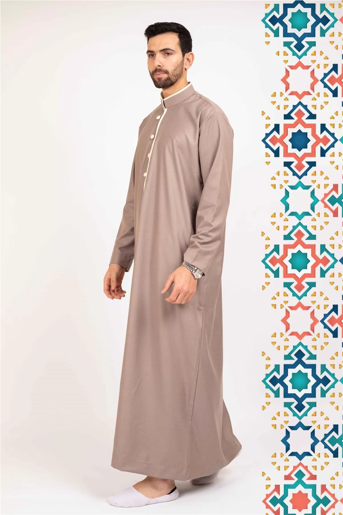 Men's Thobe Jubba Islamic Clothing Muslim Kaftan Emirati Omani Stand Collar