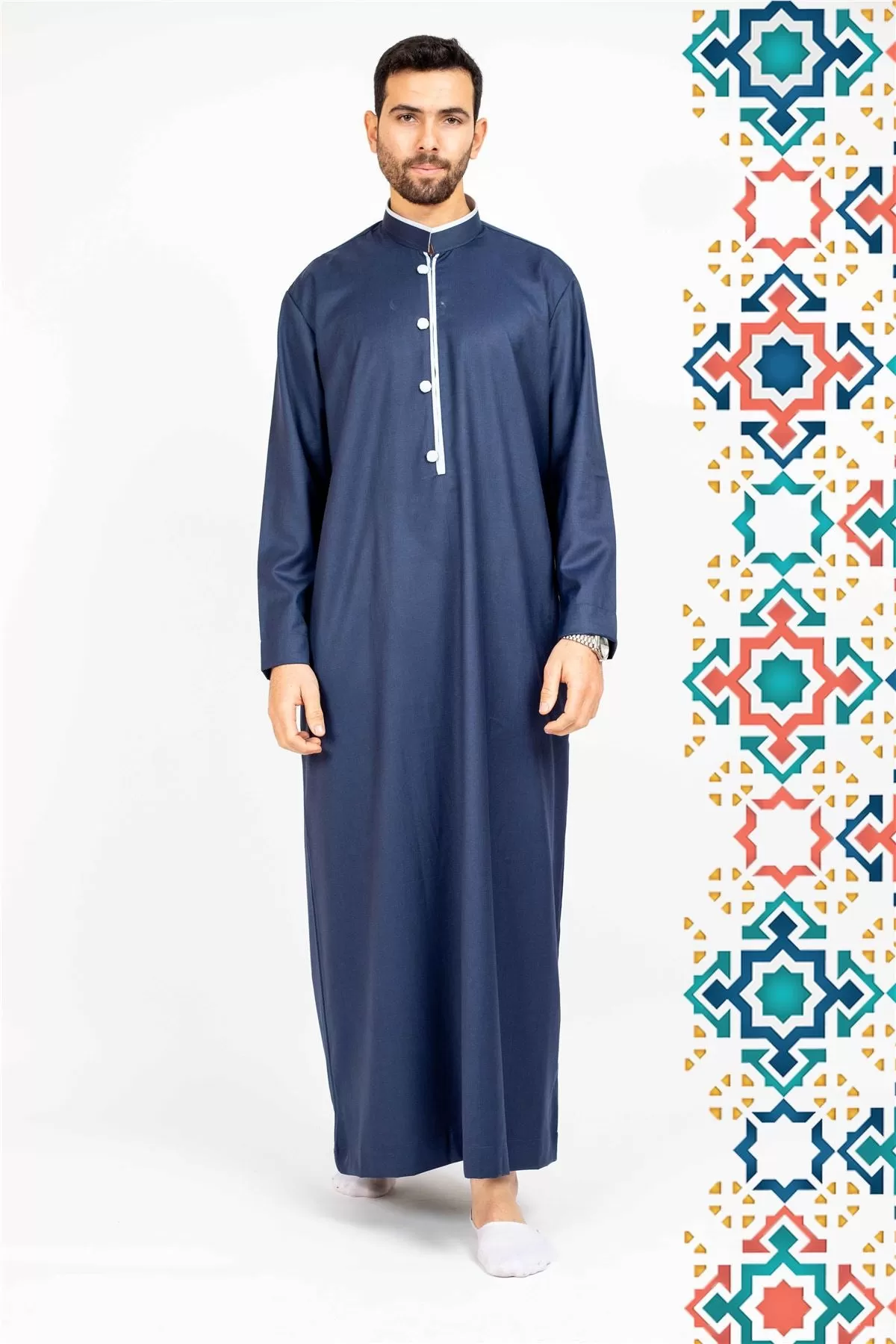 Men's Thobe Jubba Islamic Clothing Muslim Kaftan Emirati Omani Stand Collar