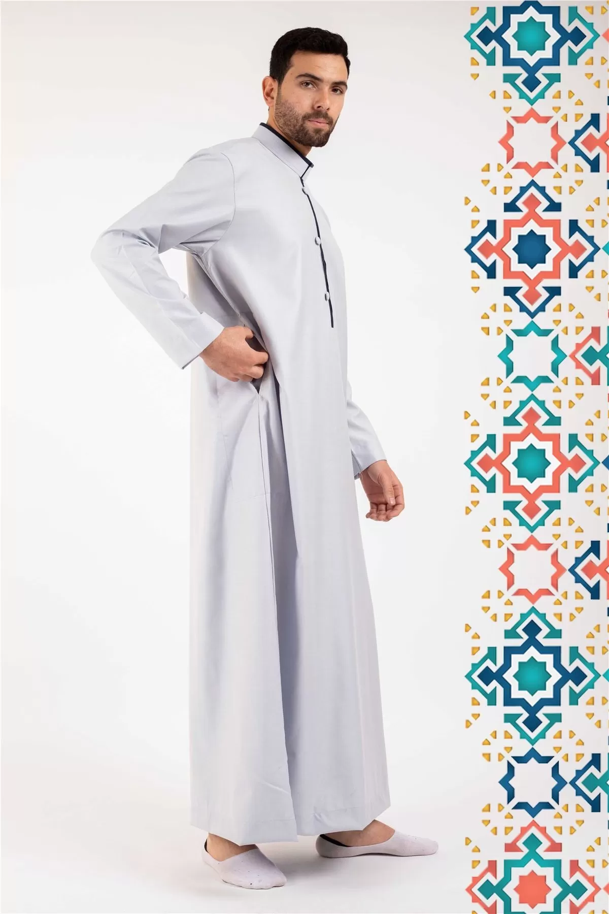 Men's Thobe Jubba Islamic Clothing Muslim Kaftan Emirati Omani Stand Collar