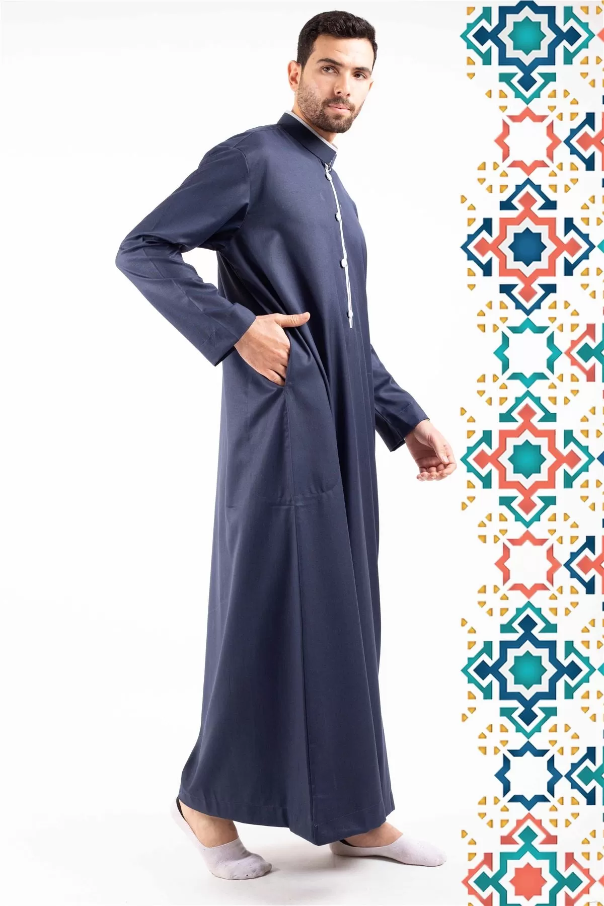 Men's Thobe Jubba Islamic Clothing Muslim Kaftan Emirati Omani Stand Collar