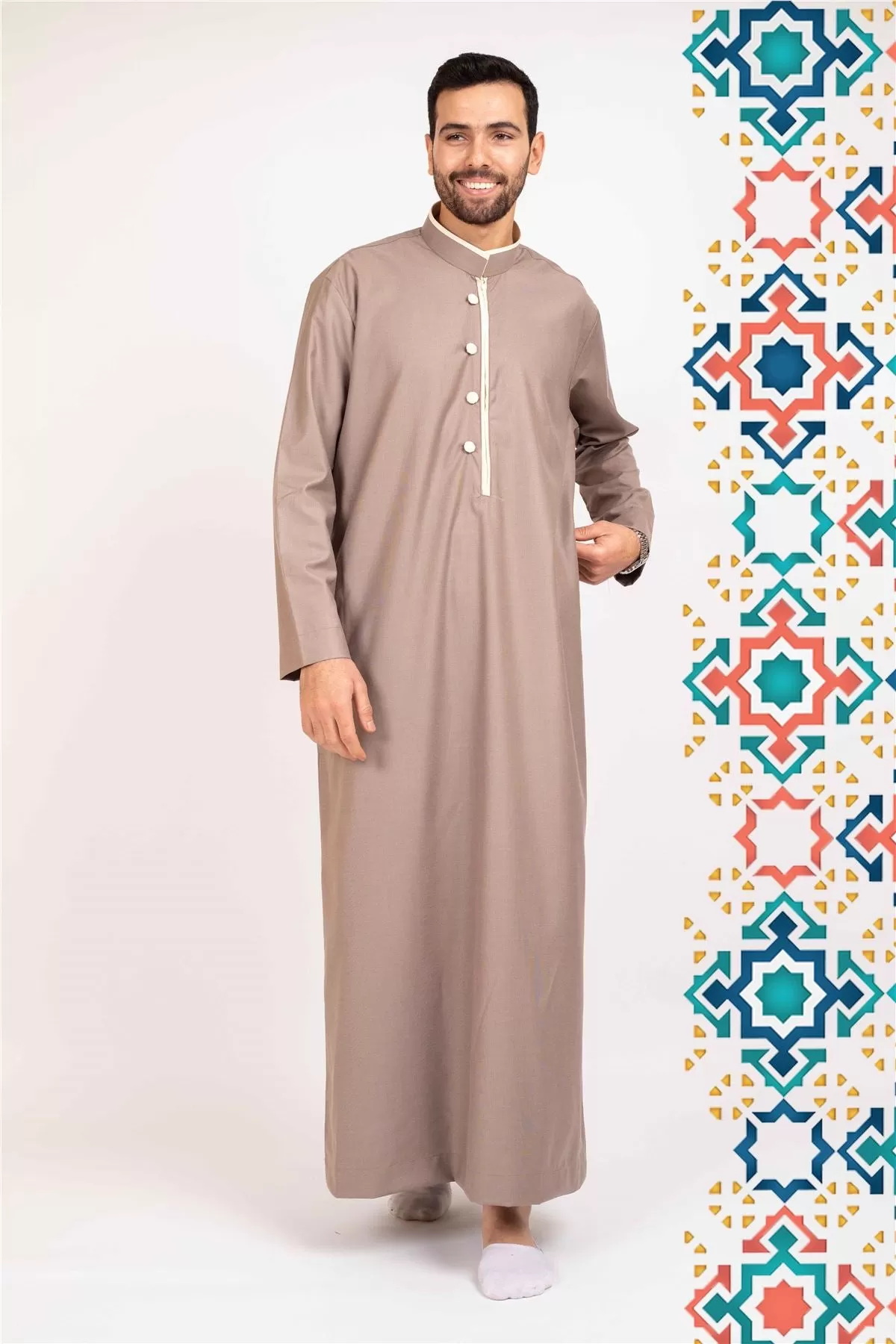 Men's Thobe Jubba Islamic Clothing Muslim Kaftan Emirati Omani Stand Collar