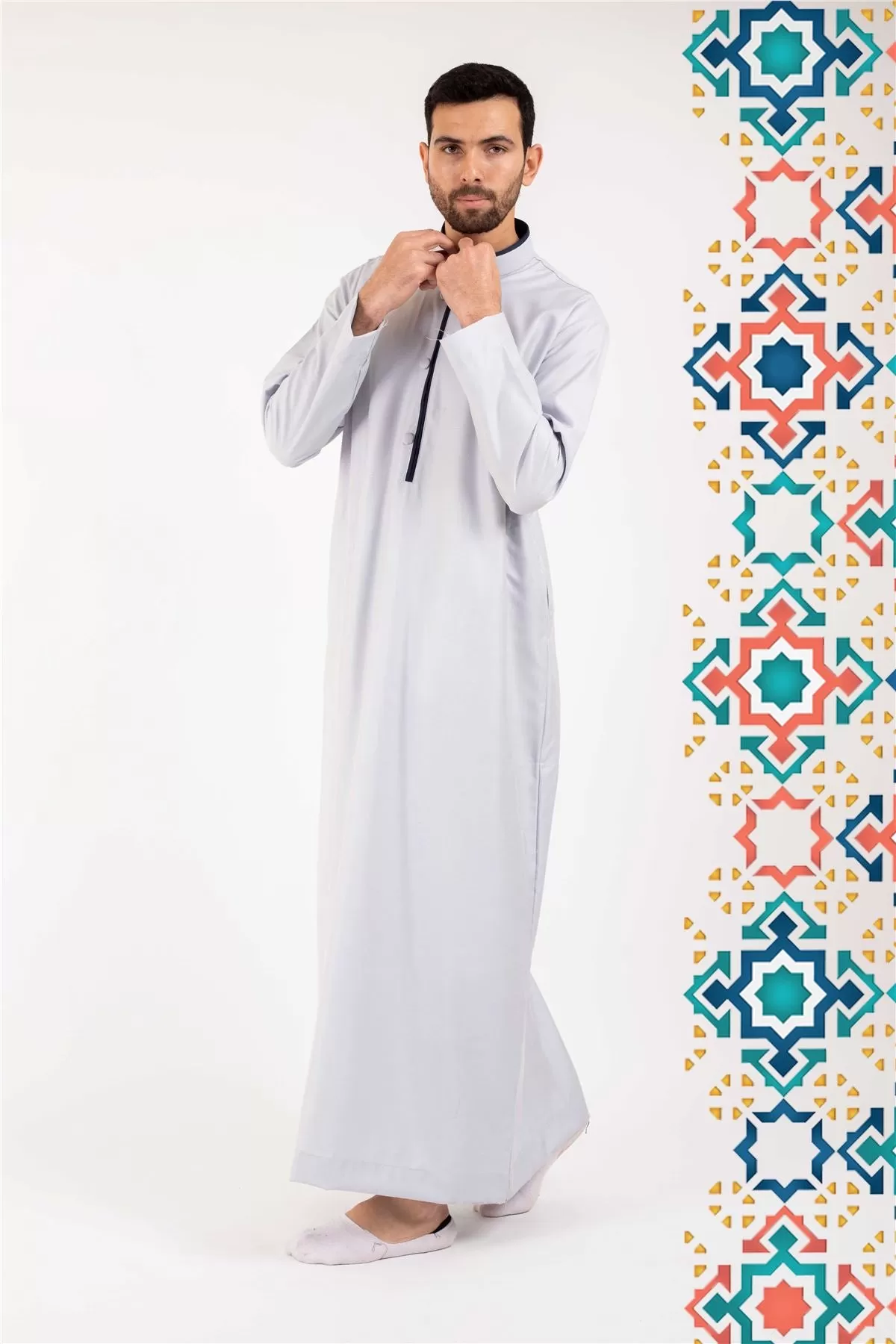 Men's Thobe Jubba Islamic Clothing Muslim Kaftan Emirati Omani Stand Collar