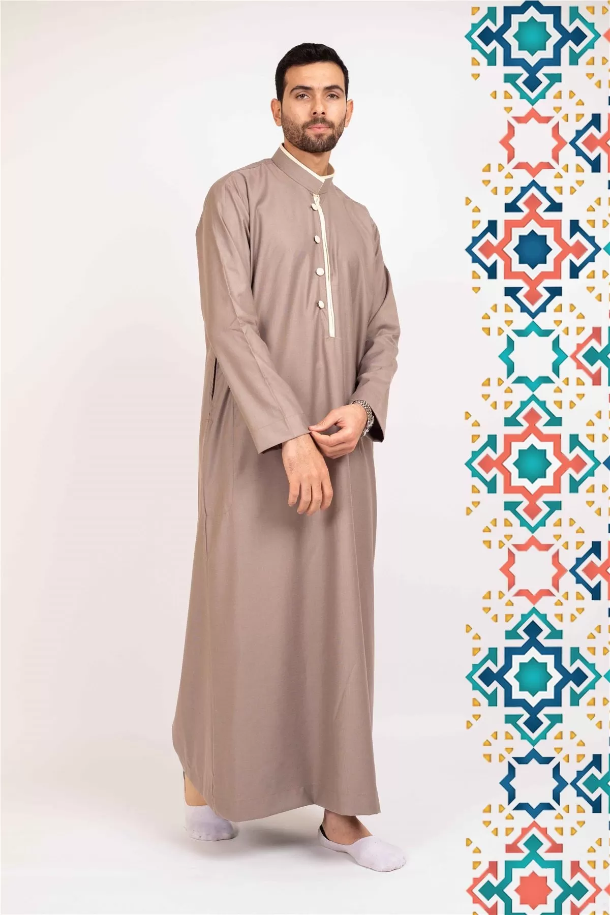 Men's Thobe Jubba Islamic Clothing Muslim Kaftan Emirati Omani Stand Collar