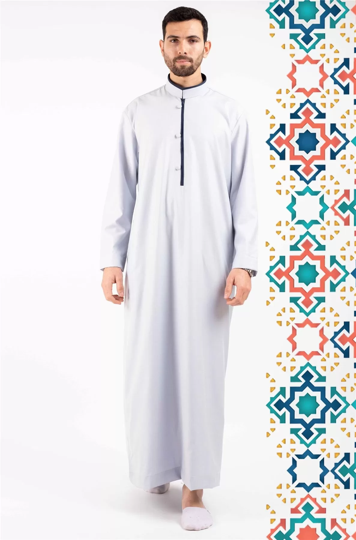 Men's Thobe Jubba Islamic Clothing Muslim Kaftan Emirati Omani Stand Collar