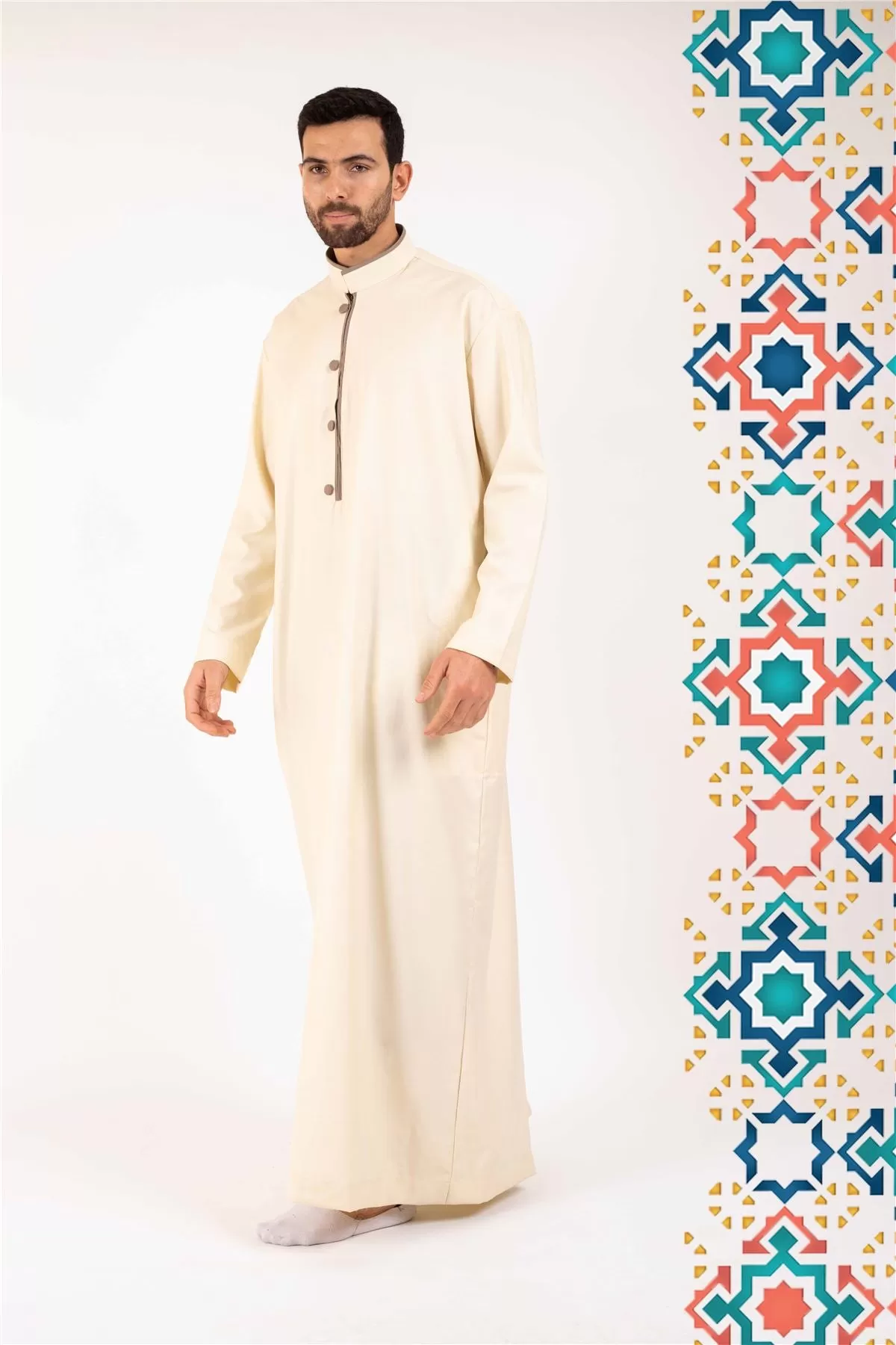 Men's Thobe Jubba Islamic Clothing Muslim Kaftan Emirati Omani Stand Collar