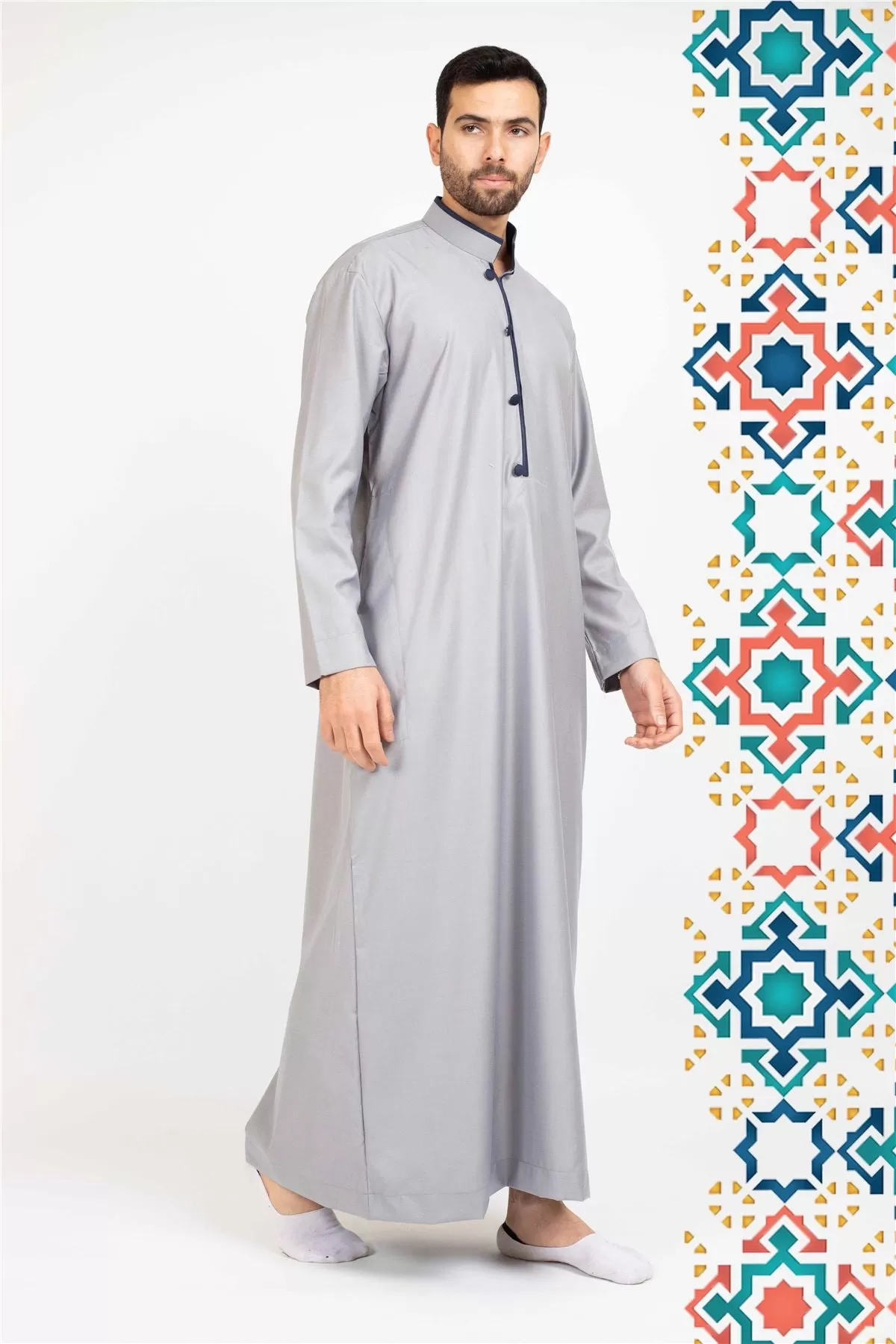 Men's Thobe Jubba Islamic Clothing Muslim Kaftan Emirati Omani Stand Collar